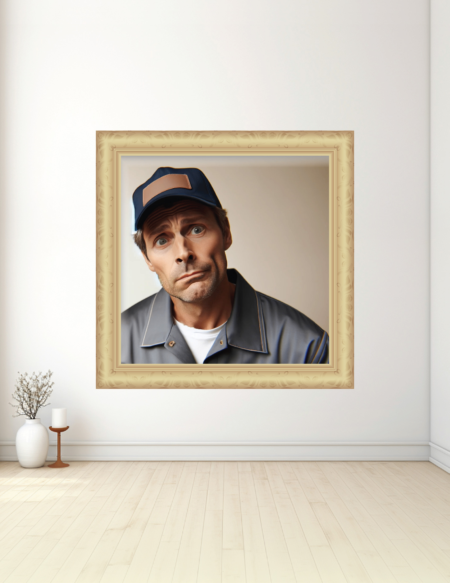 Confused husband in a gold frame