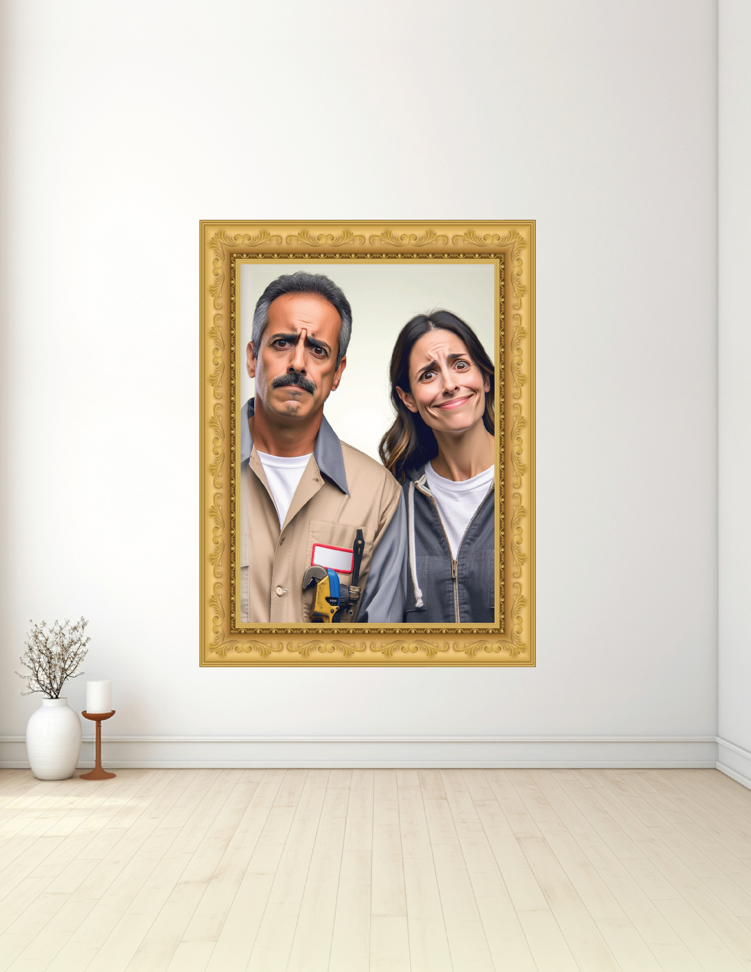 Exasperated couple in a gold frame